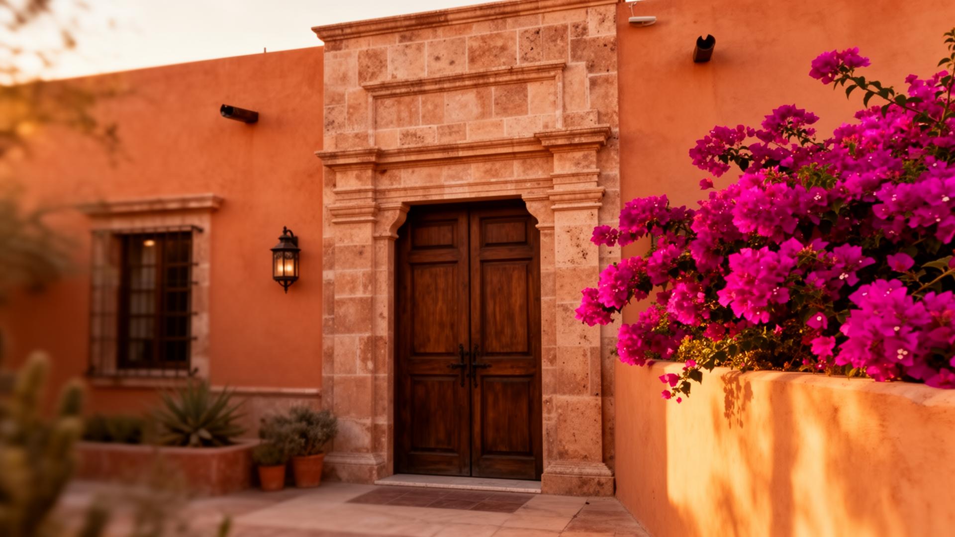 Casa Pitic cantera-stone entrance with magenta bougainvillea at sunset